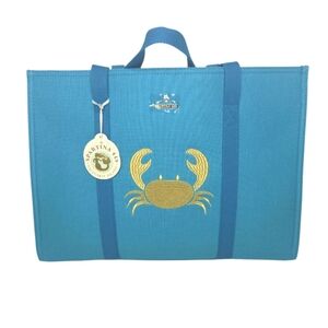Spartina 449 Teal Carry All Embroidered Gold Crab Tote Bag New With Tags
